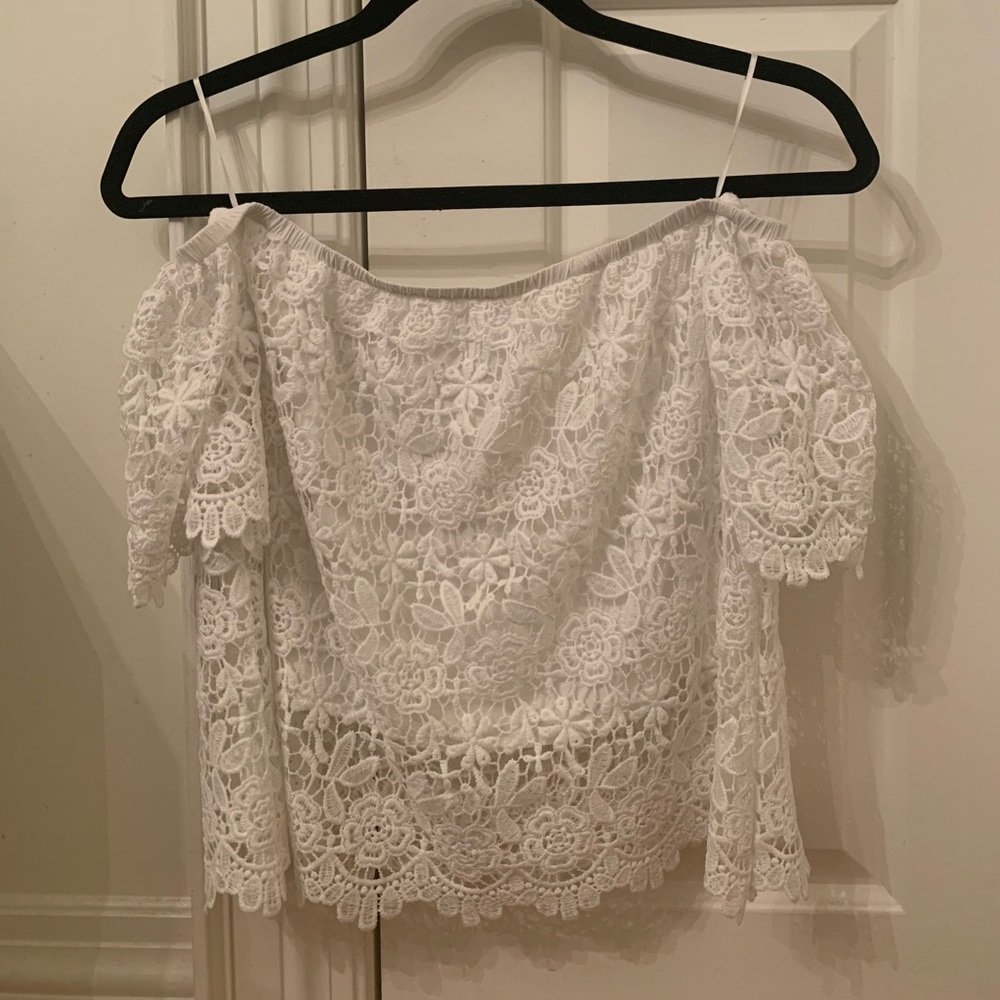White off the shoulder croquet top